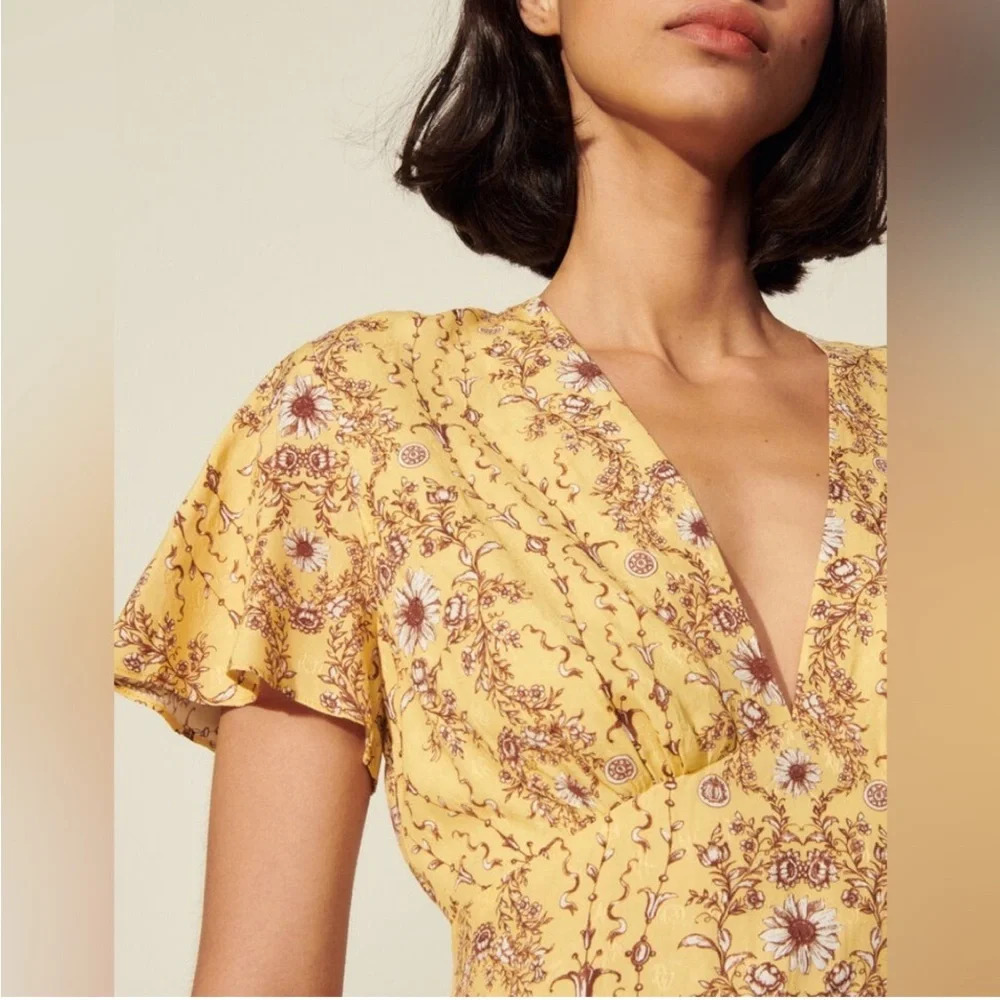 SANDRO Esther Cutout Floral Jaquard Midi‎ Dress in Yellow Cottagecore Prarie 34 - Picture 2 of 14